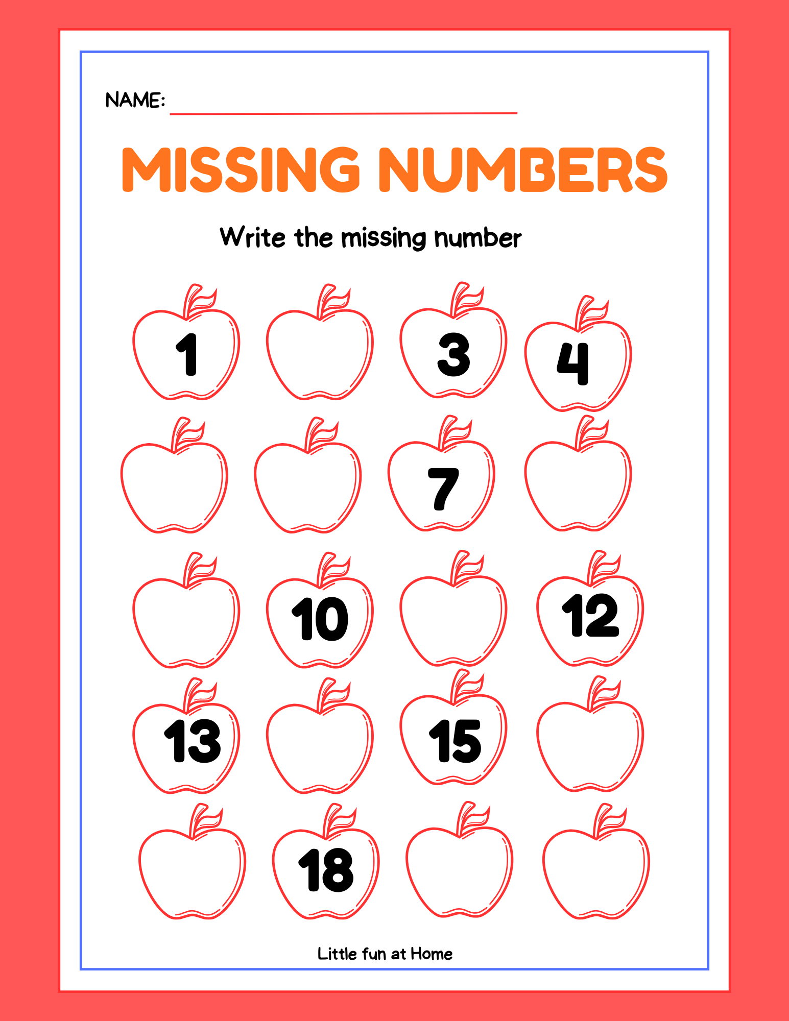 Download Free Printable Missing Numbers Worksheet