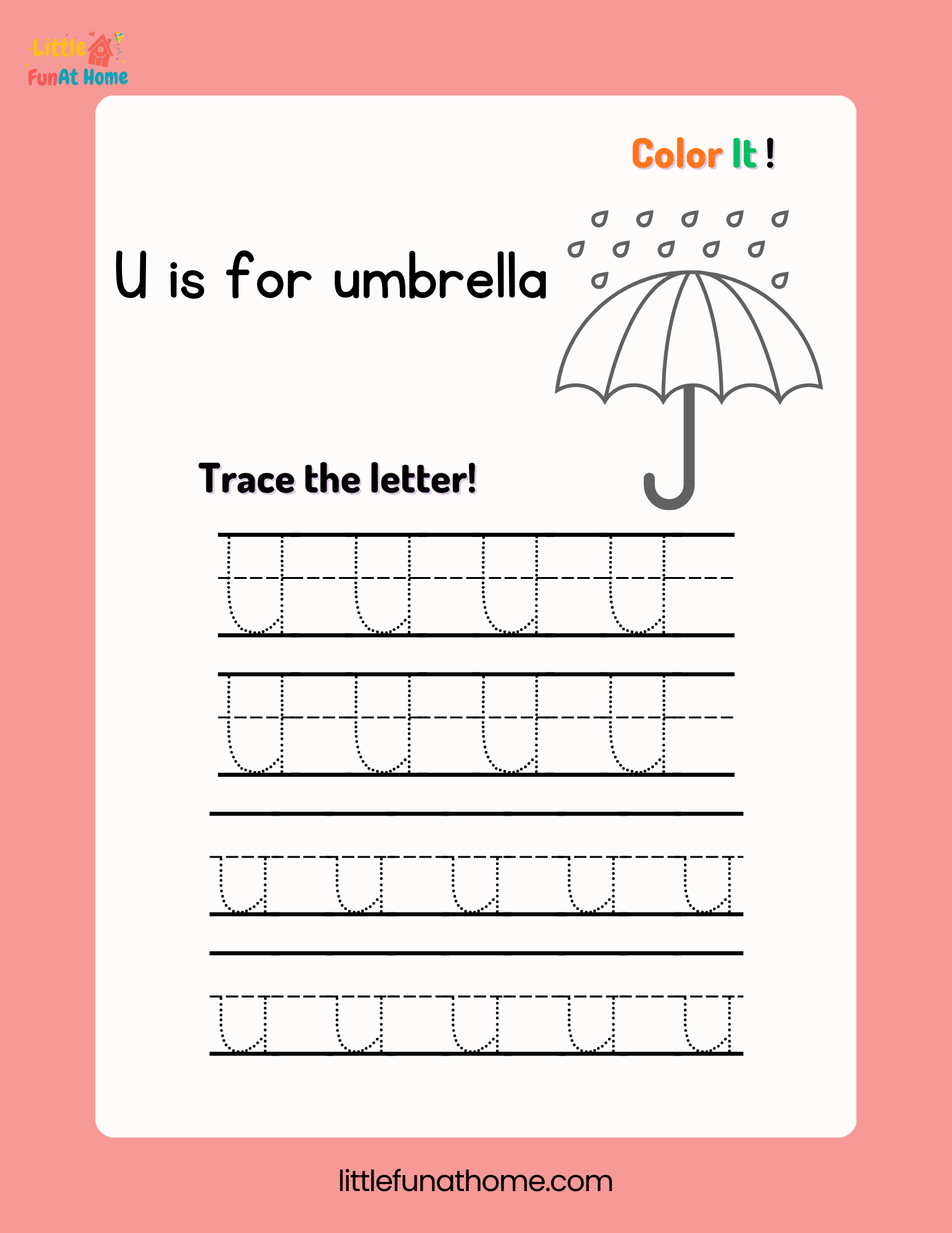 Trace and color letter Uu-Free Printable For Kids
