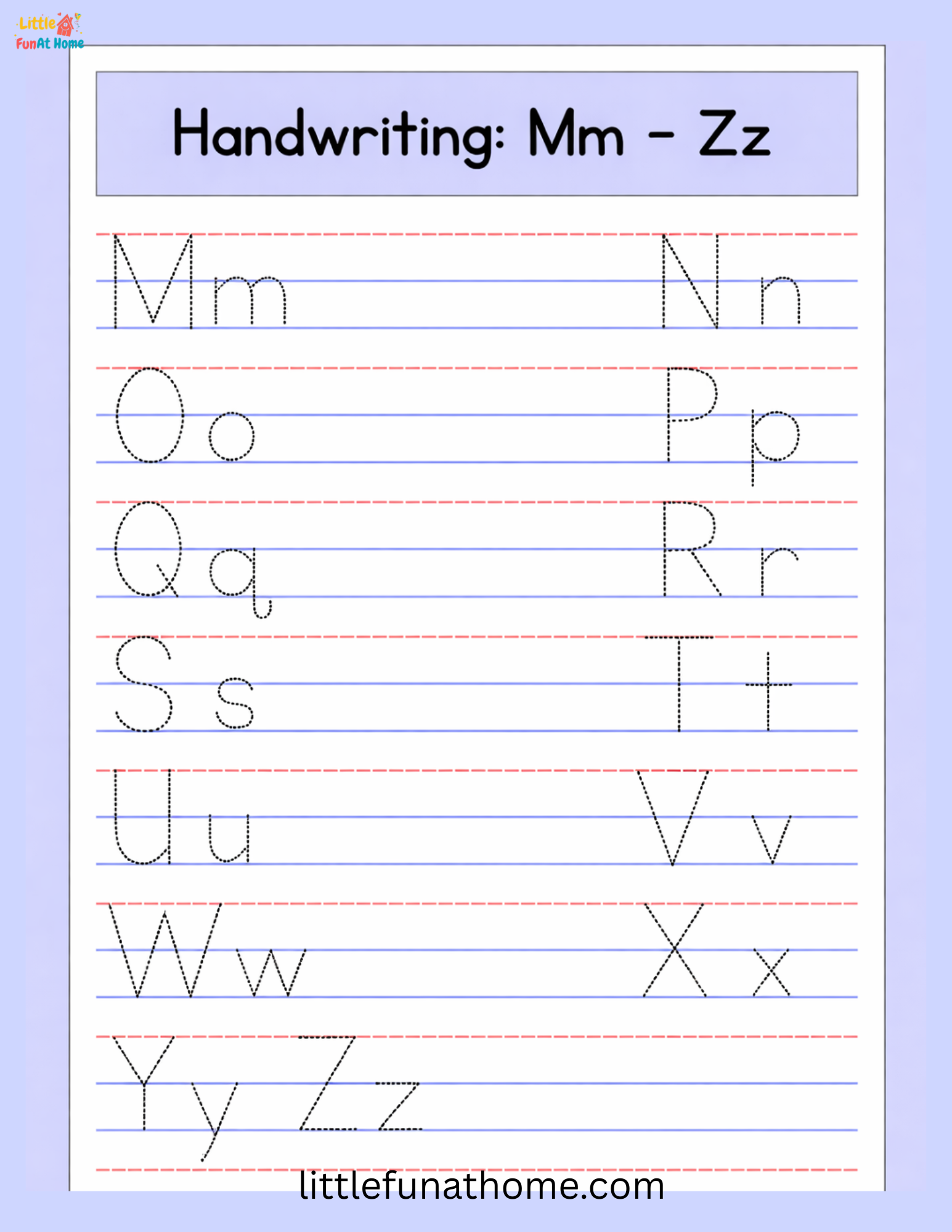 Free Printable Letter Tracing Ll to Zz Worksheet
