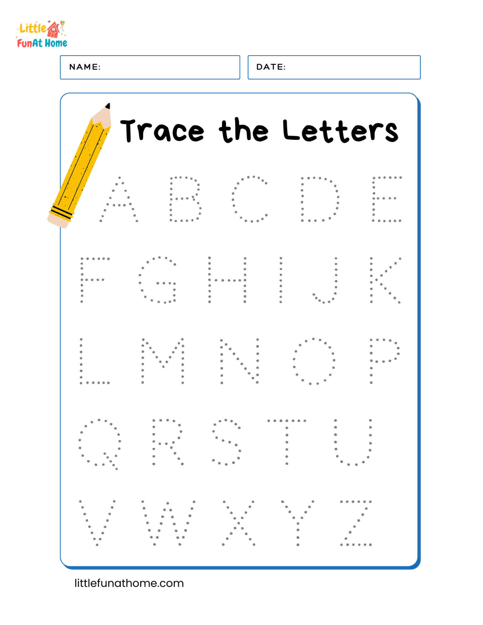 Free Printable Uppercase Alphabet Letter Tracing Worksheet for Kids- Little Fun at Home