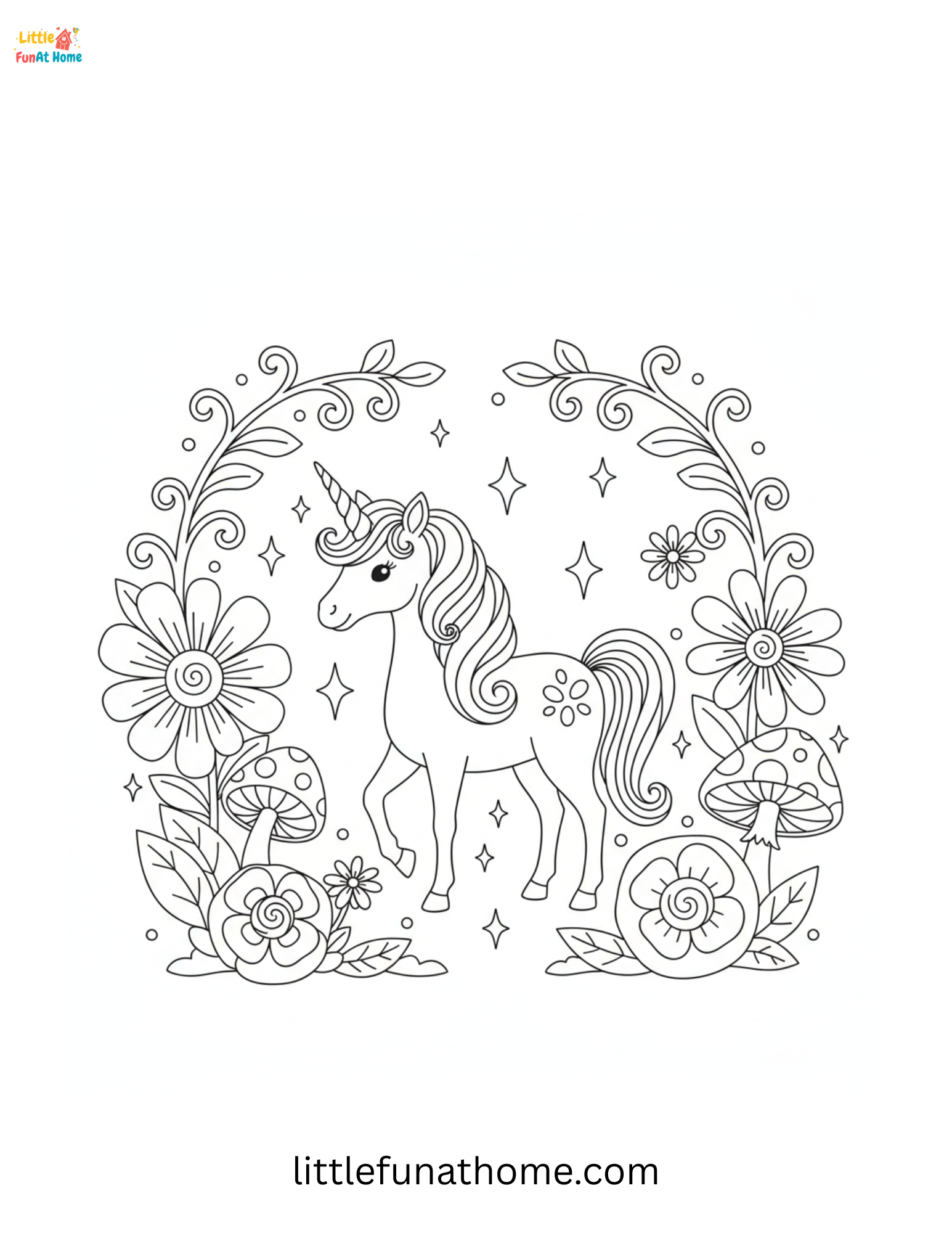 Free printable unicorn In magical Garden coloring page for kids