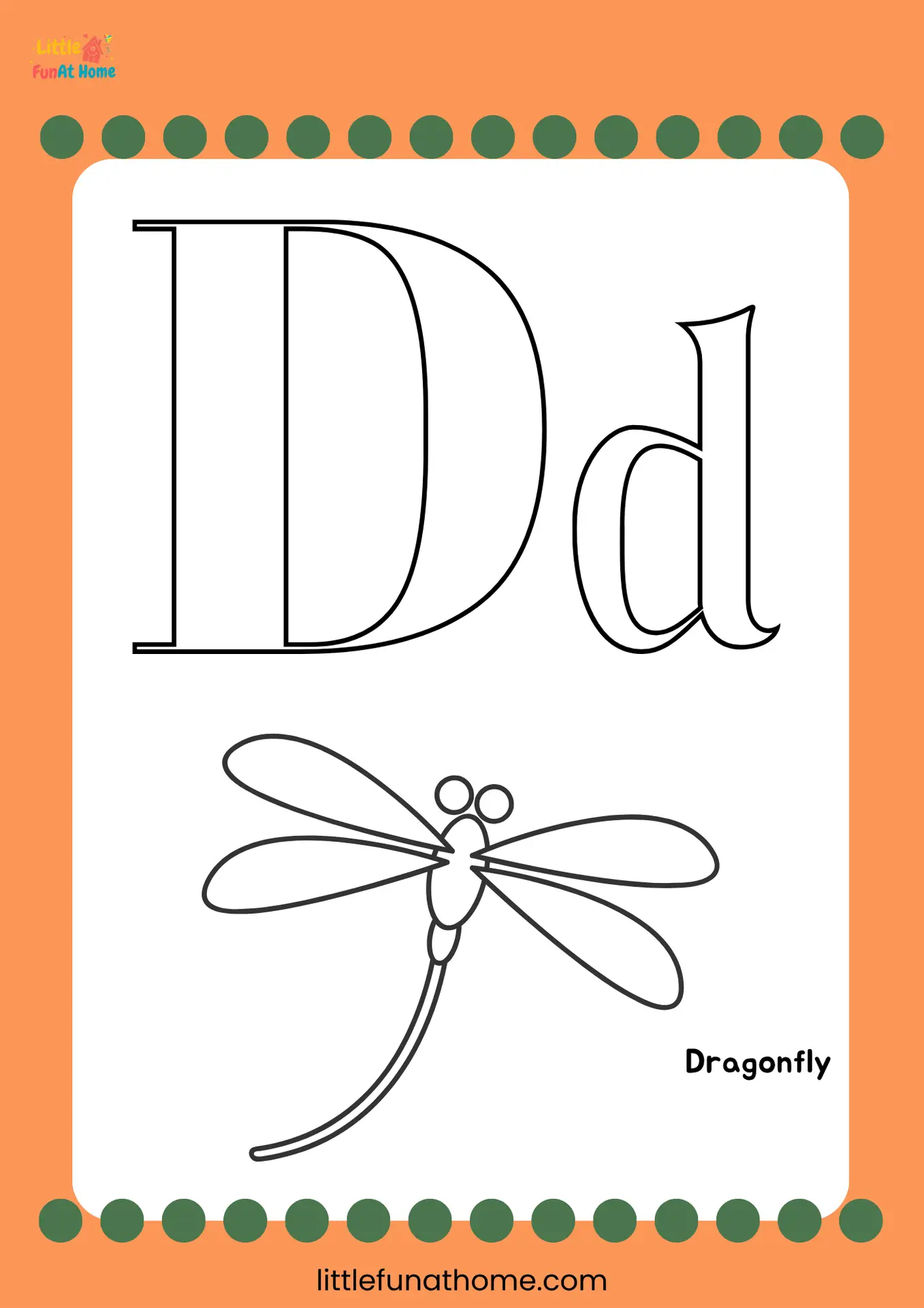 Free Printable letter D coloring page for Preschoolers and Kindergarteners