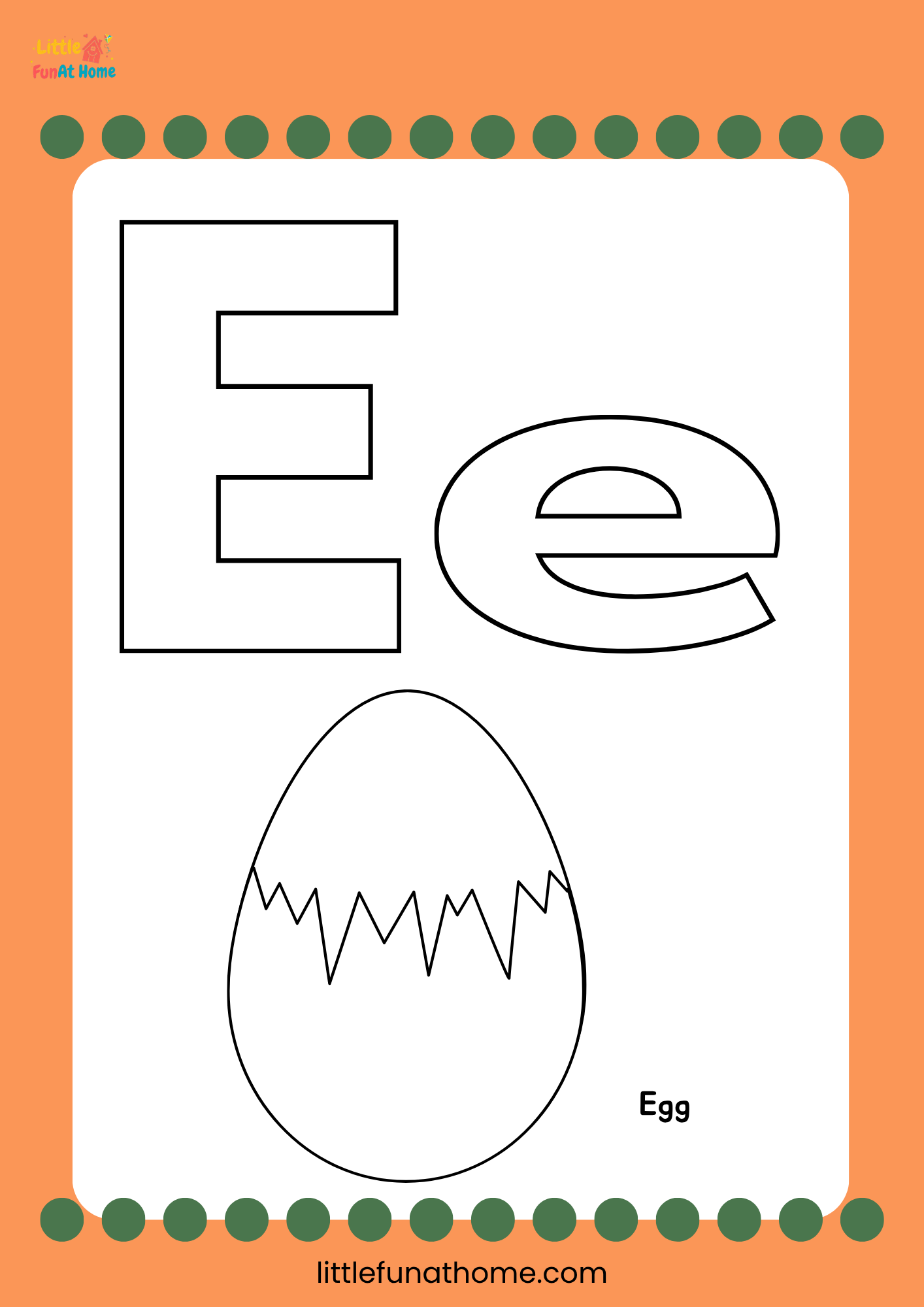 Free Printable letter E coloring page for Preschoolers and Kindergarteners