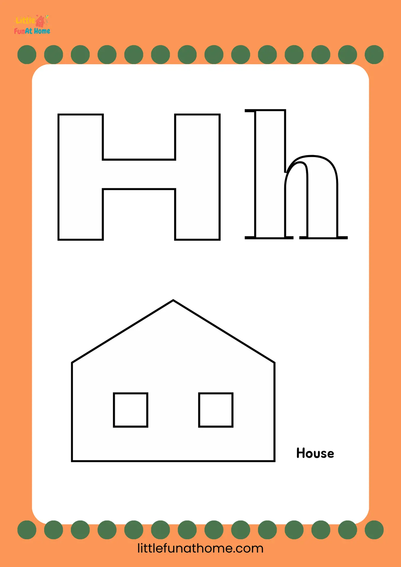 Free Printable letter H coloring page for Preschoolers and Kindergarteners
