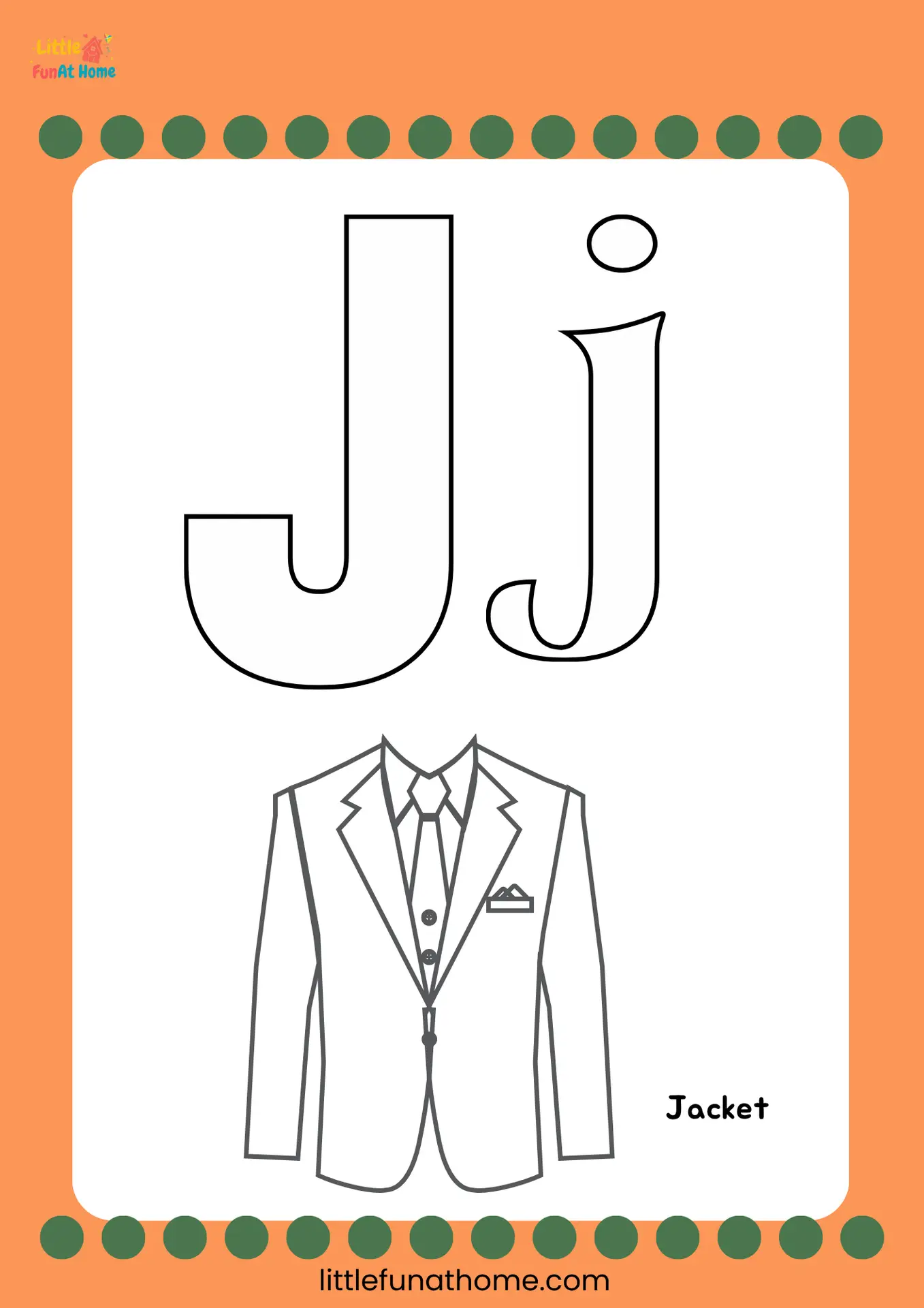 Free Printable letter J coloring page for Preschoolers and Kindergarteners