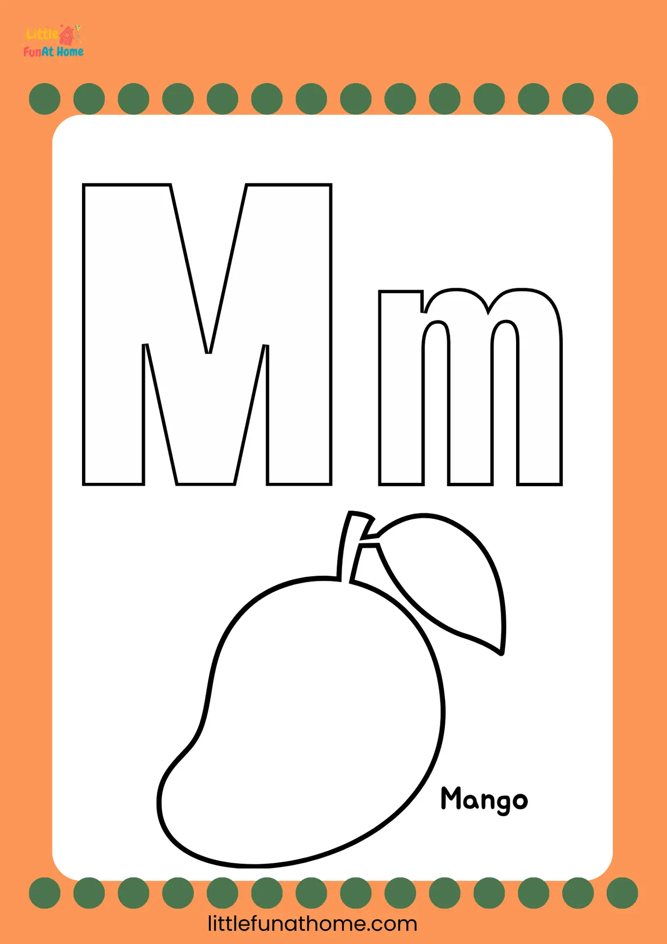 Free Printable letter M coloring page for Preschoolers and Kindergarteners
