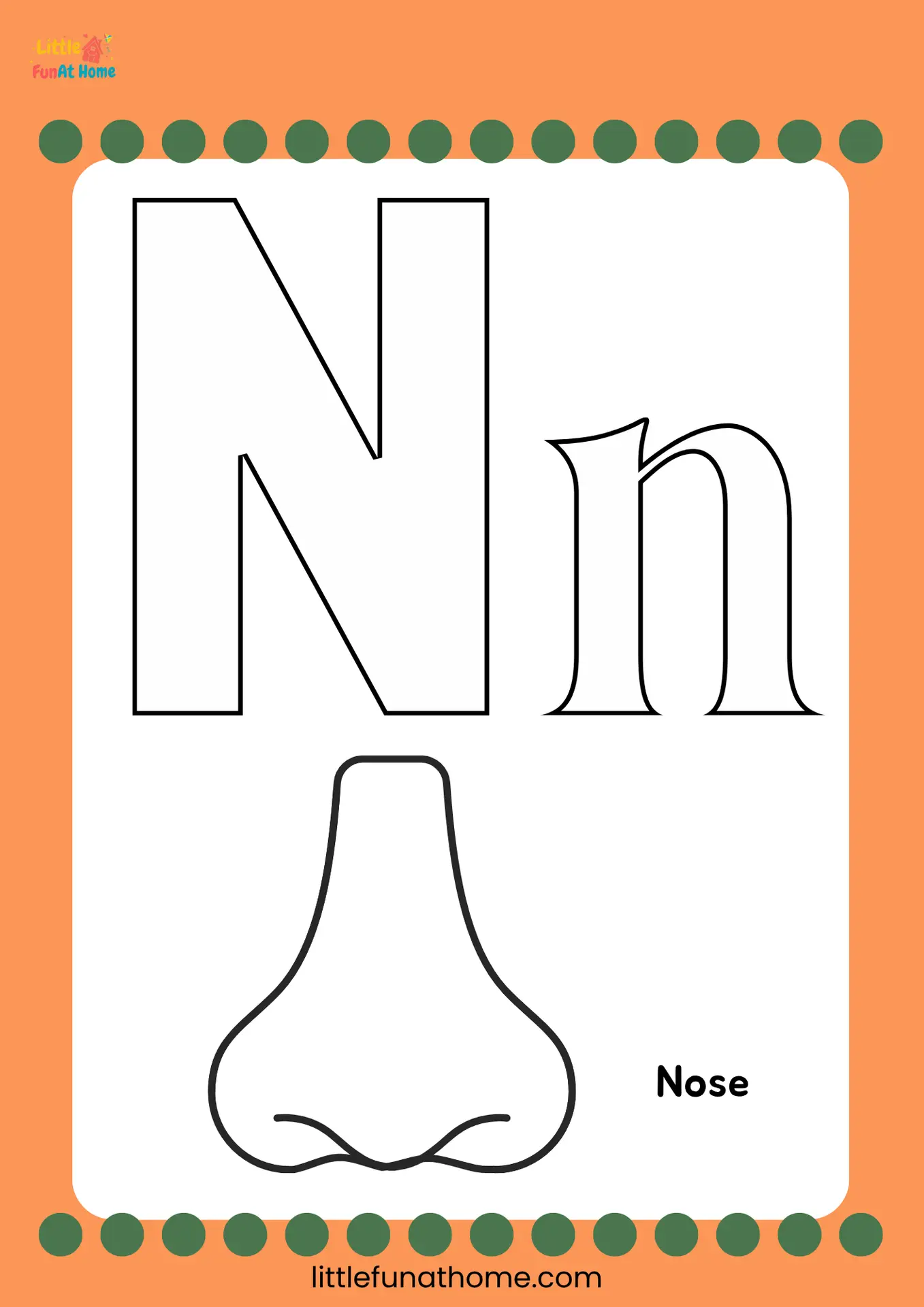 Free Printable letter N coloring page for Preschoolers and Kindergarteners