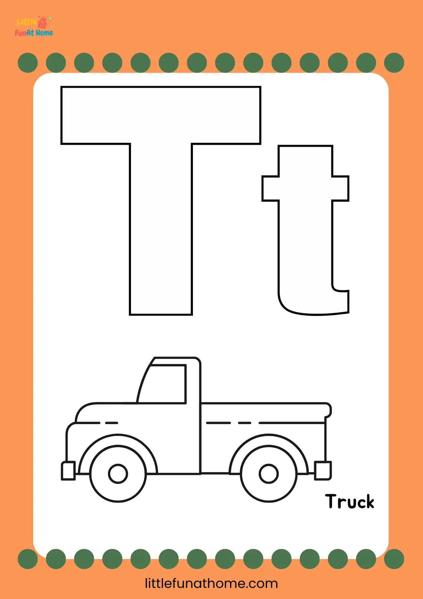 Free Printable letter T coloring page for Preschoolers and Kindergarteners
