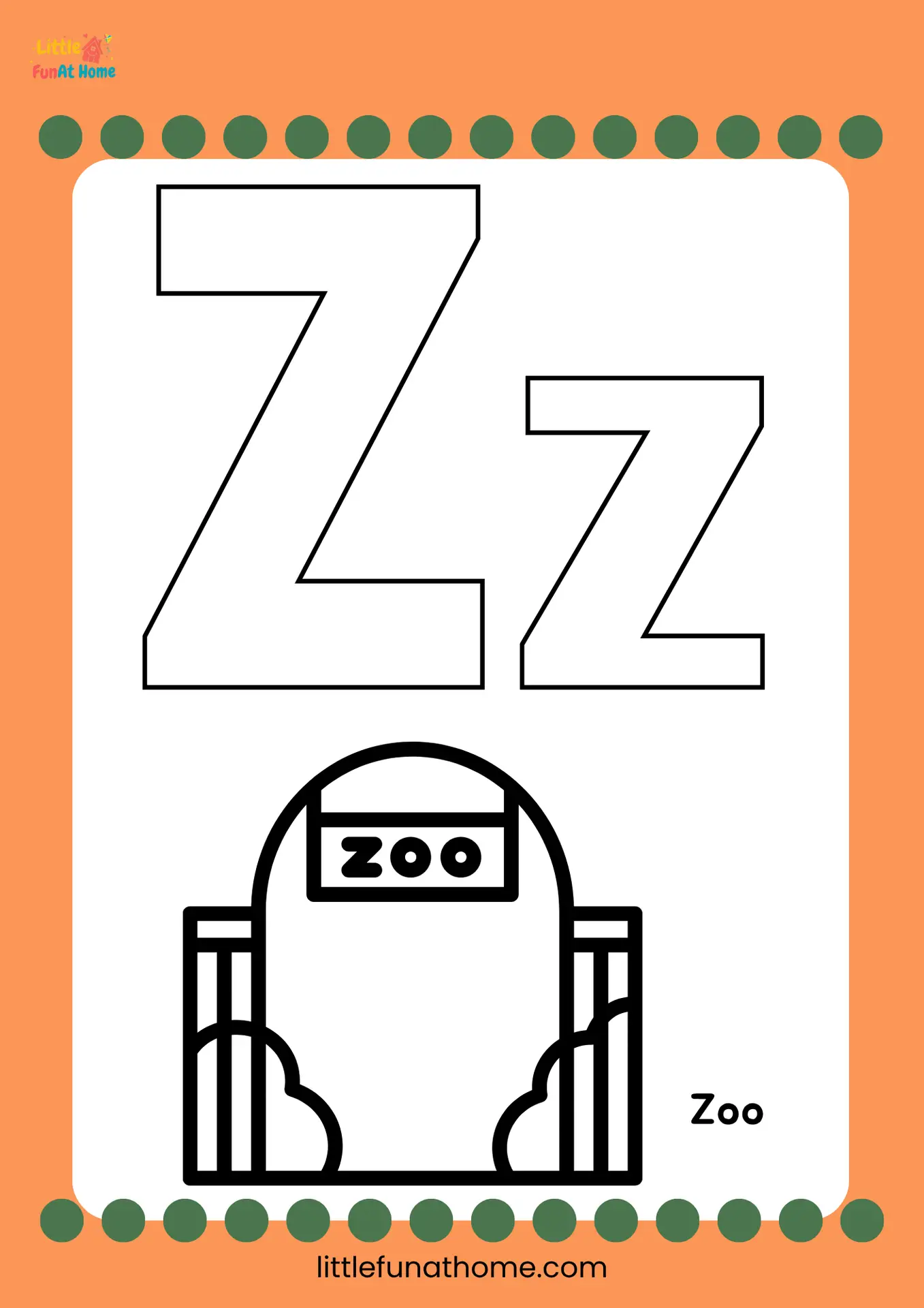 Free Printable letter Z coloring page for Preschoolers and Kindergarteners
