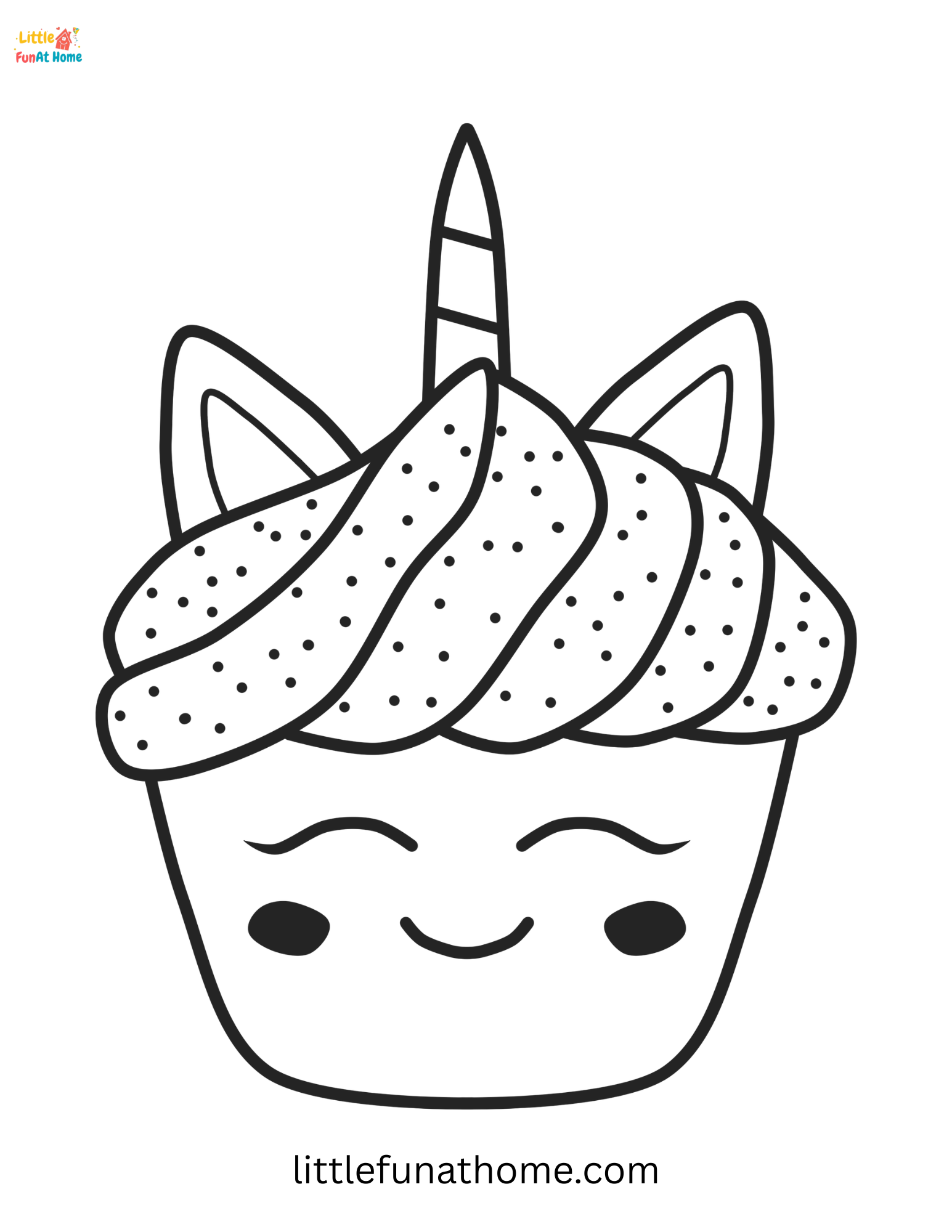 Free printable unicorn cupcake coloring page for kids