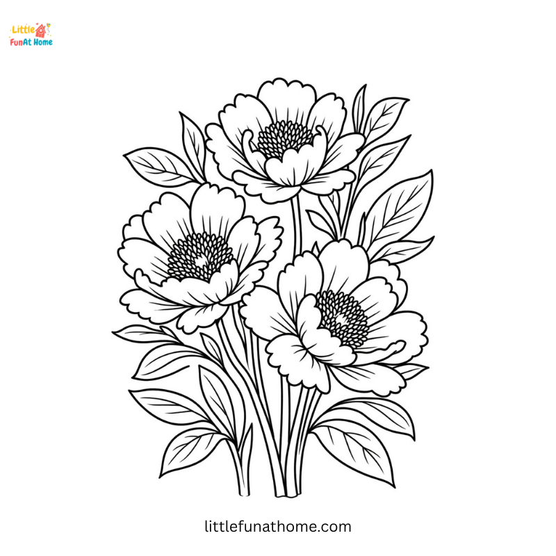 Bouquet peonies flowers coloring page