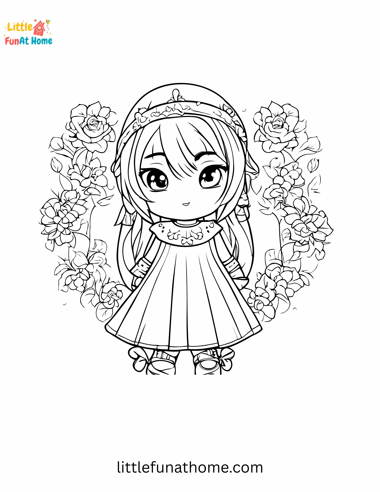 Free Cute little princess with flowers coloring page printable for kids