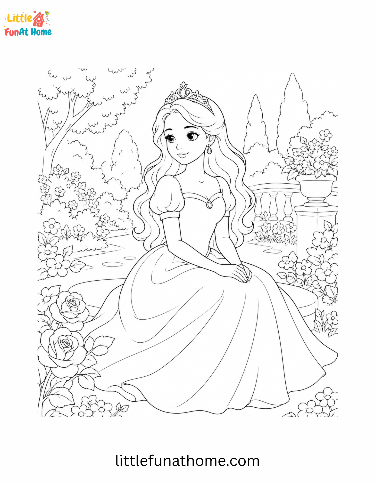 Princess in garden coloring page for kids