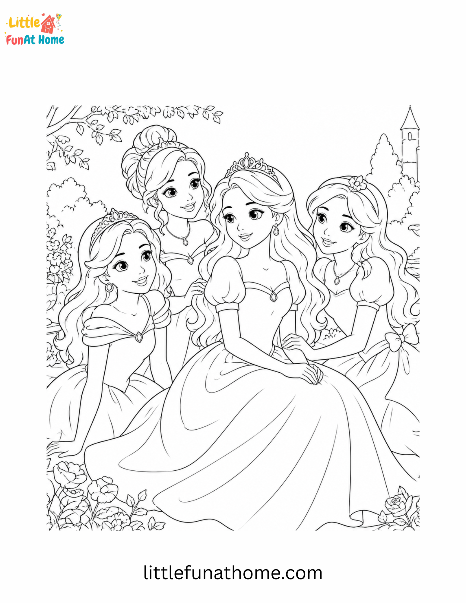 Princess with little sisters coloring page for Kids Free Printable