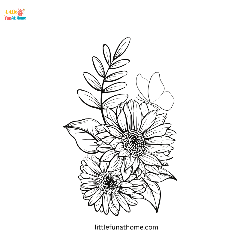 Sunflowers and a butterfly coloring page