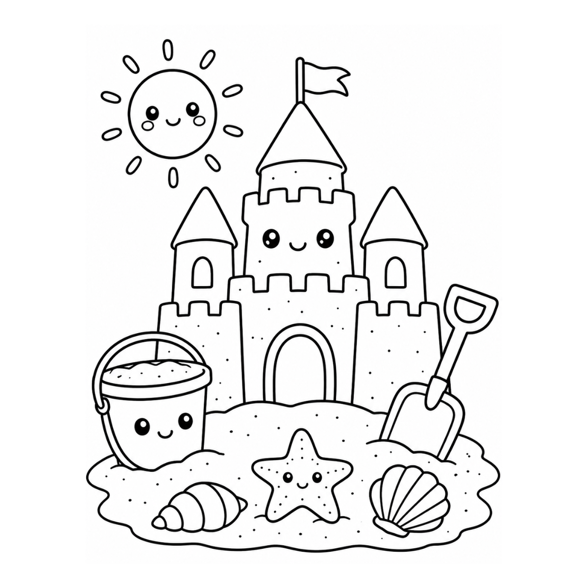 Cute sandcastle Summer Coloring Page Free Printable