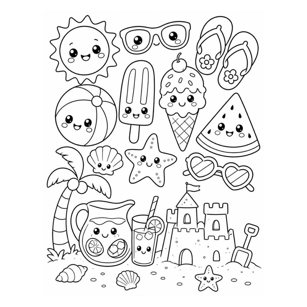 Free printable Summer Fun Collection coloring page with cute kawaii beach items including a smiling sun, beach ball, popsicle, ice cream, watermelon, flip-flops, palm tree, sandcastle, lemonade, starfish, and seashells.