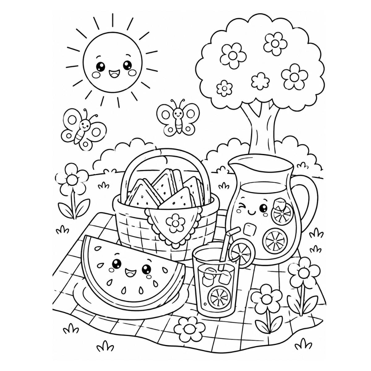 Free printable Summer Picnic coloring page with a cute picnic basket, watermelon, lemonade, butterflies, flowers, a smiling sun, and a blooming tree for kids.