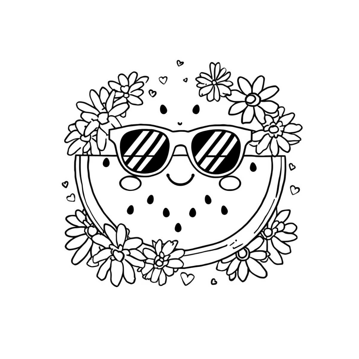 Free printable cute summer watermelon coloring page with a smiling watermelon wearing sunglasses and surrounded by flowers and hearts.