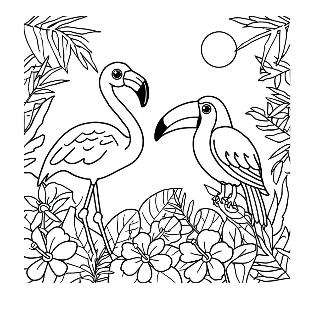 Free printable Tropical Birds coloring page with a flamingo, toucan, tropical flowers, jungle leaves, and a sunny tropical background.