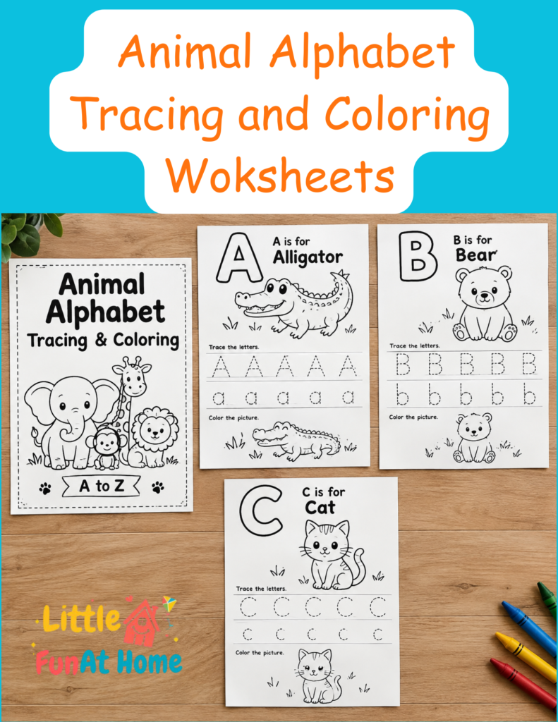 Animal Alphabet Tracing and coloring worksheet for preschool and kindergarten kids